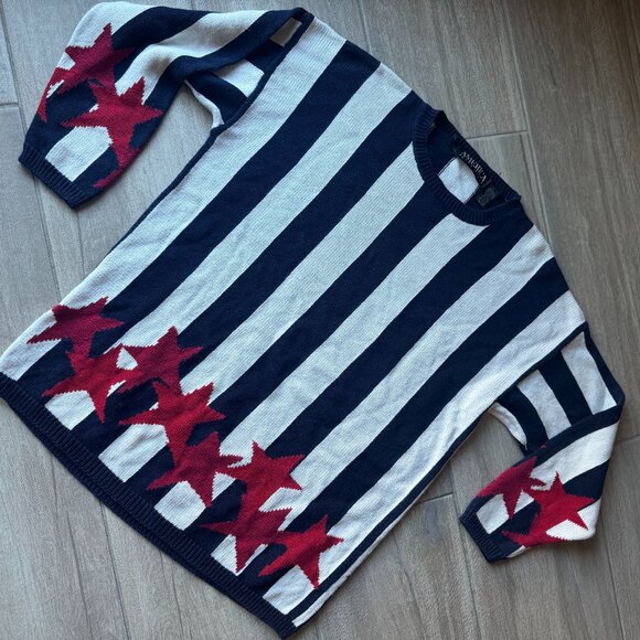 Perry Ellis Blue & White Striped Sweater w/ Red Stars – Women’s Large - Picture 6 of 9